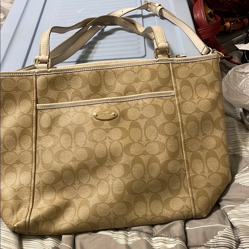Coach Tan Monogram Tote with Leather Handles